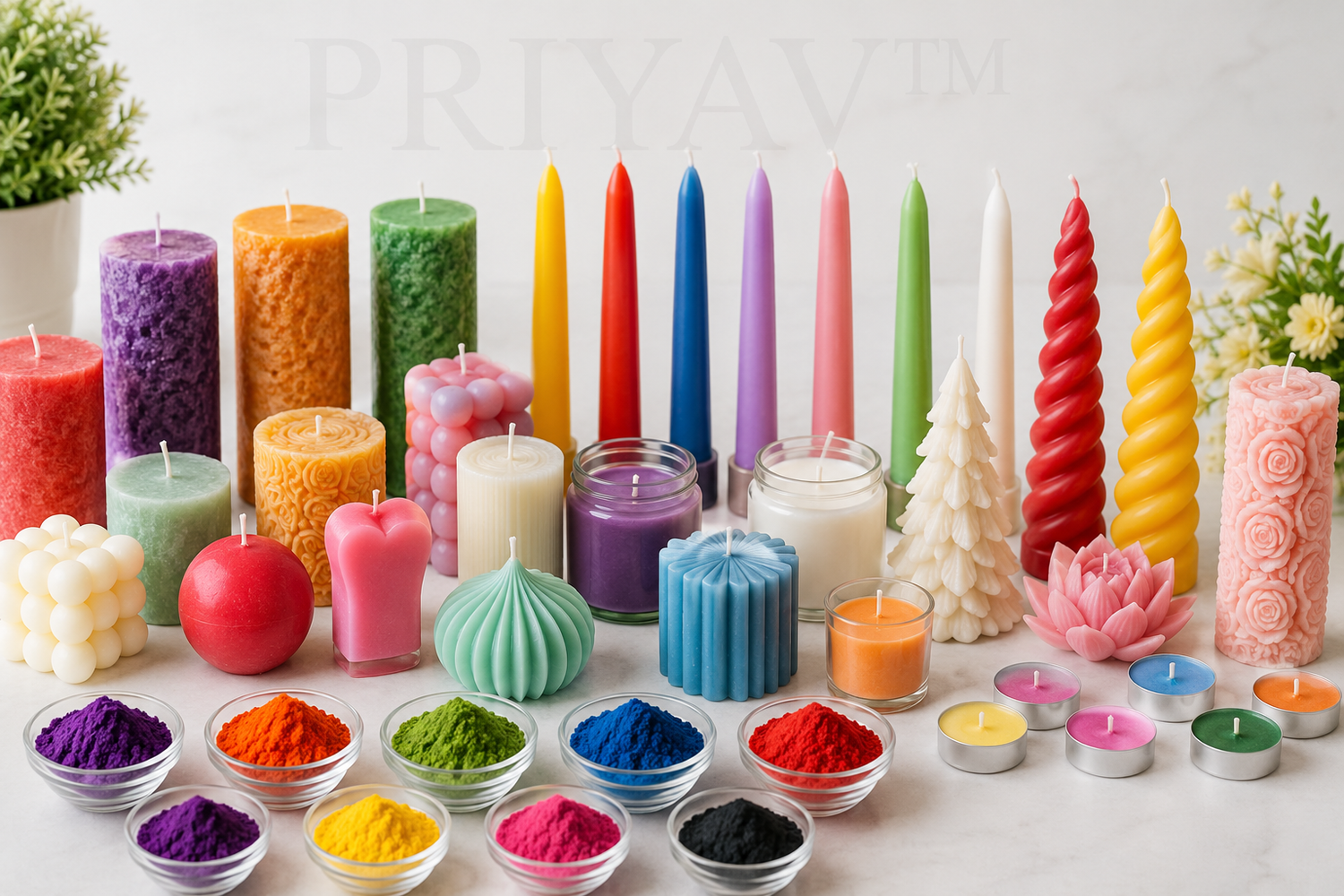 PRIYAV candle making colour powders in yellow, white, silver, red, purple, pink, orange, green, golden, blue and black